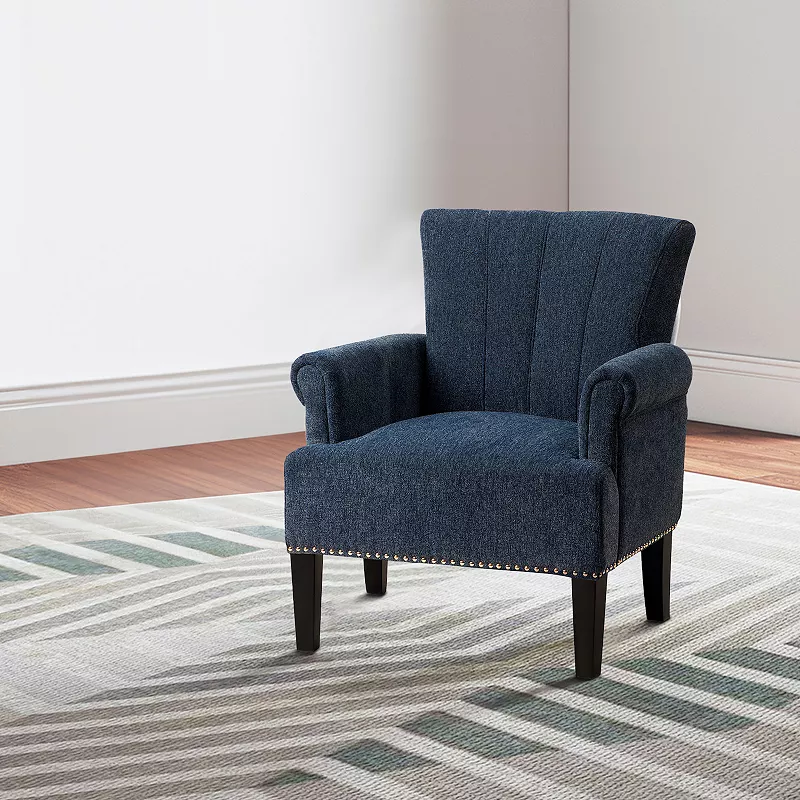 Accent Chair with Fabric Upholstery and Channel Tufting， Navy Blue