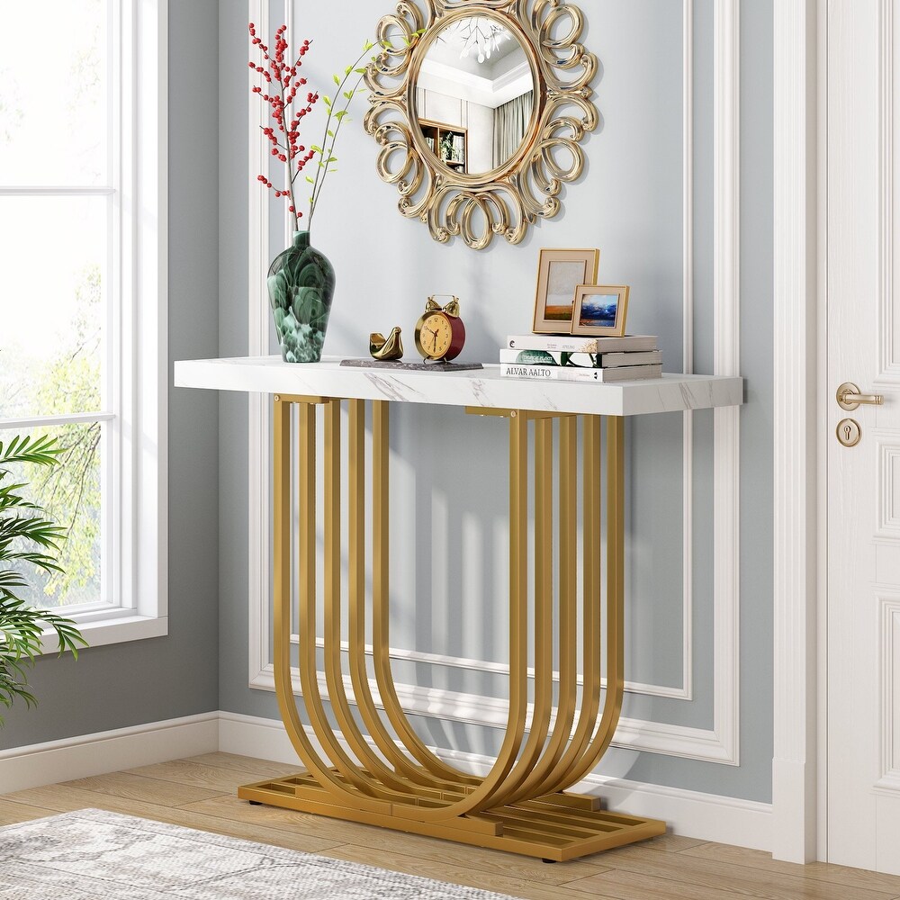 Modern Console Table  Faux Marble Entryway Foyer Table  Sofa Accent Table with Gold Metal Legs