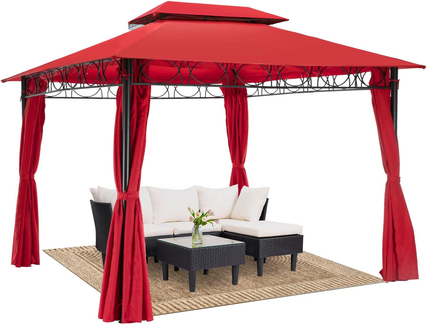 10'x13' Gazebo UV Protection Outdoor Canopy Tent Double Vented Roof Gazebos with 4 Sidewall for BBQ Party Patio Outdoor,Red