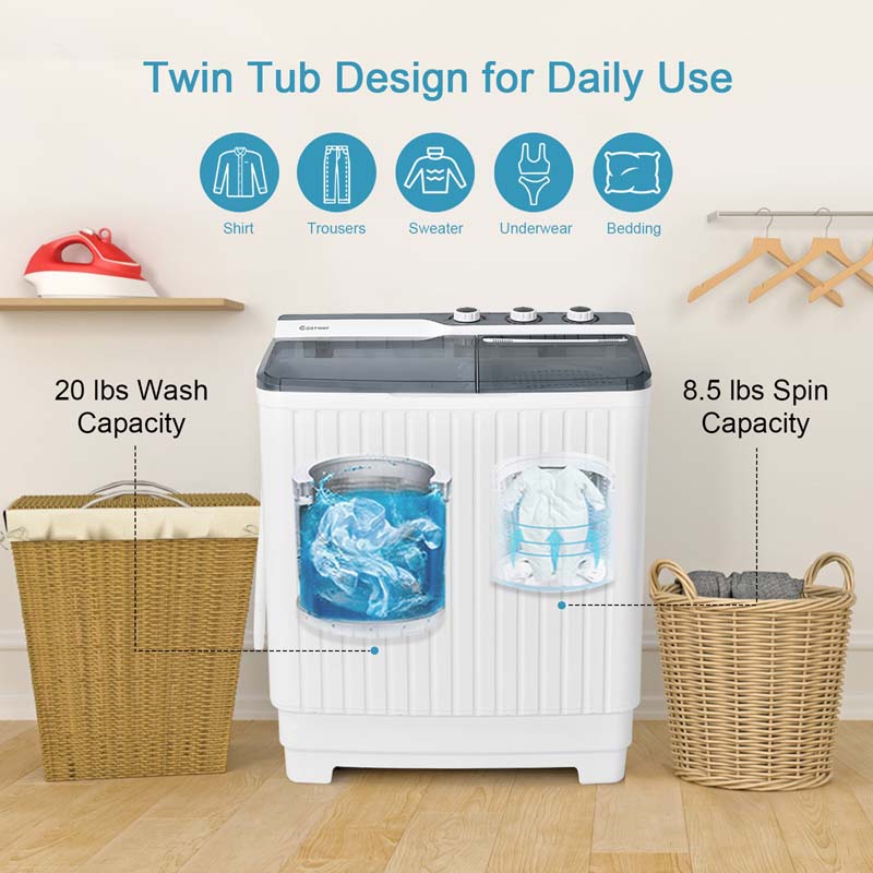 28.5 LBS Portable Washing Machine Built-in Drain Pump, 2-in-1 Twin Tub Top Load Washer Dryer Combo for RV Dorm