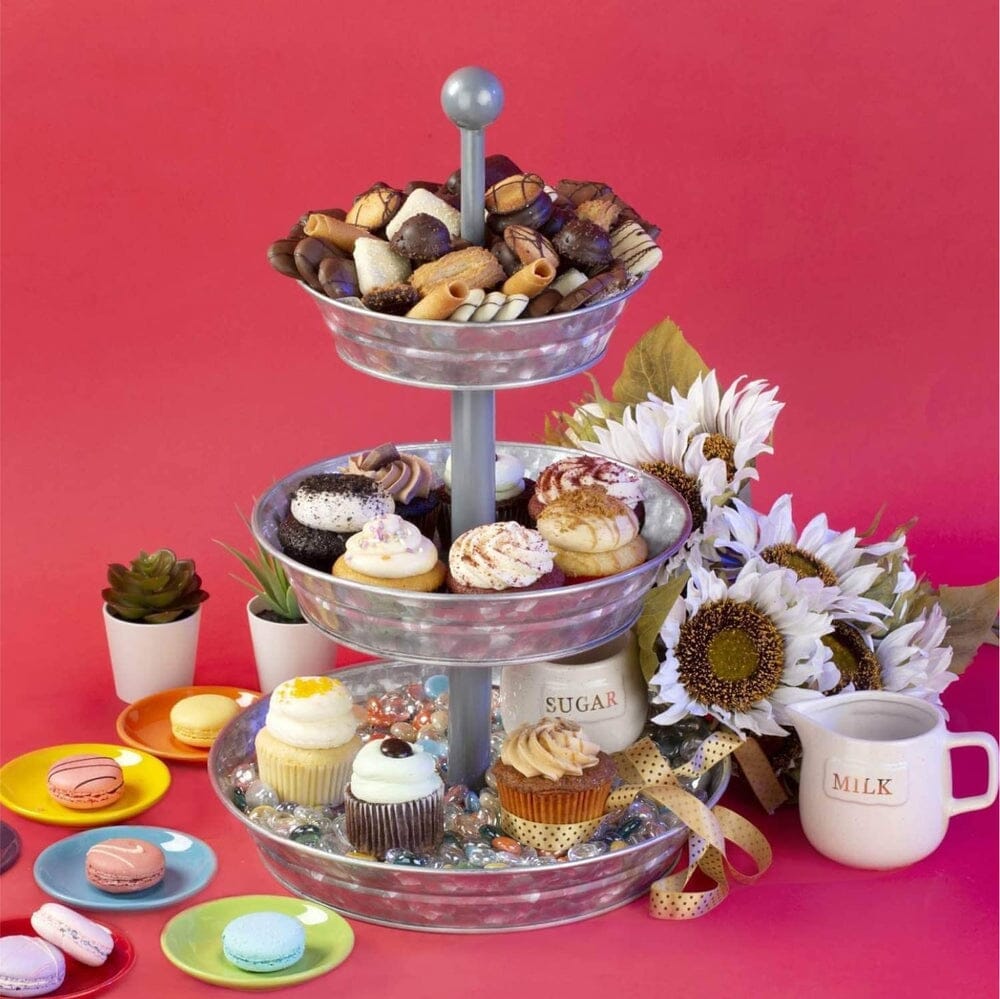 3 Tier Serving Tray - Galvanized, Rustic Metal Stand. Dessert, Cupcake, Fruit