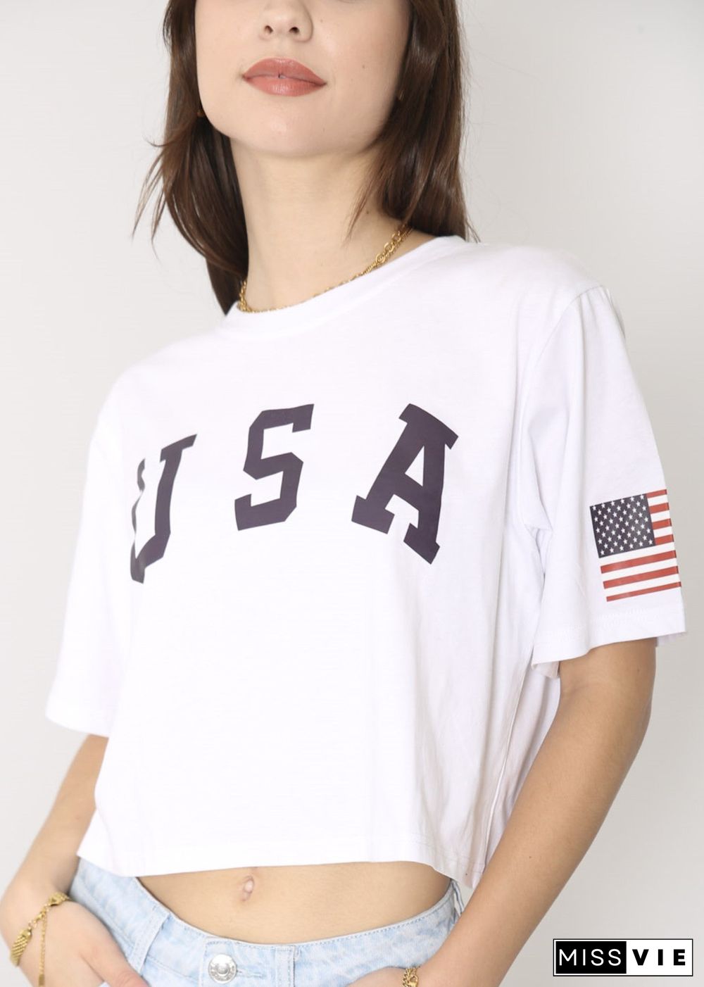 Anna-Kaci Women's Letter Print Crop Top Short Sleeve July 4th USA Flag T-Shirt