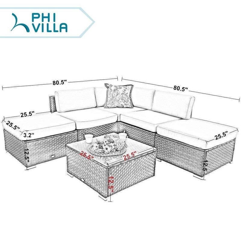 6 Piece Outdoor Sectional Sofa Rattan Patio Furniture Set Conversation Set with Tea Table