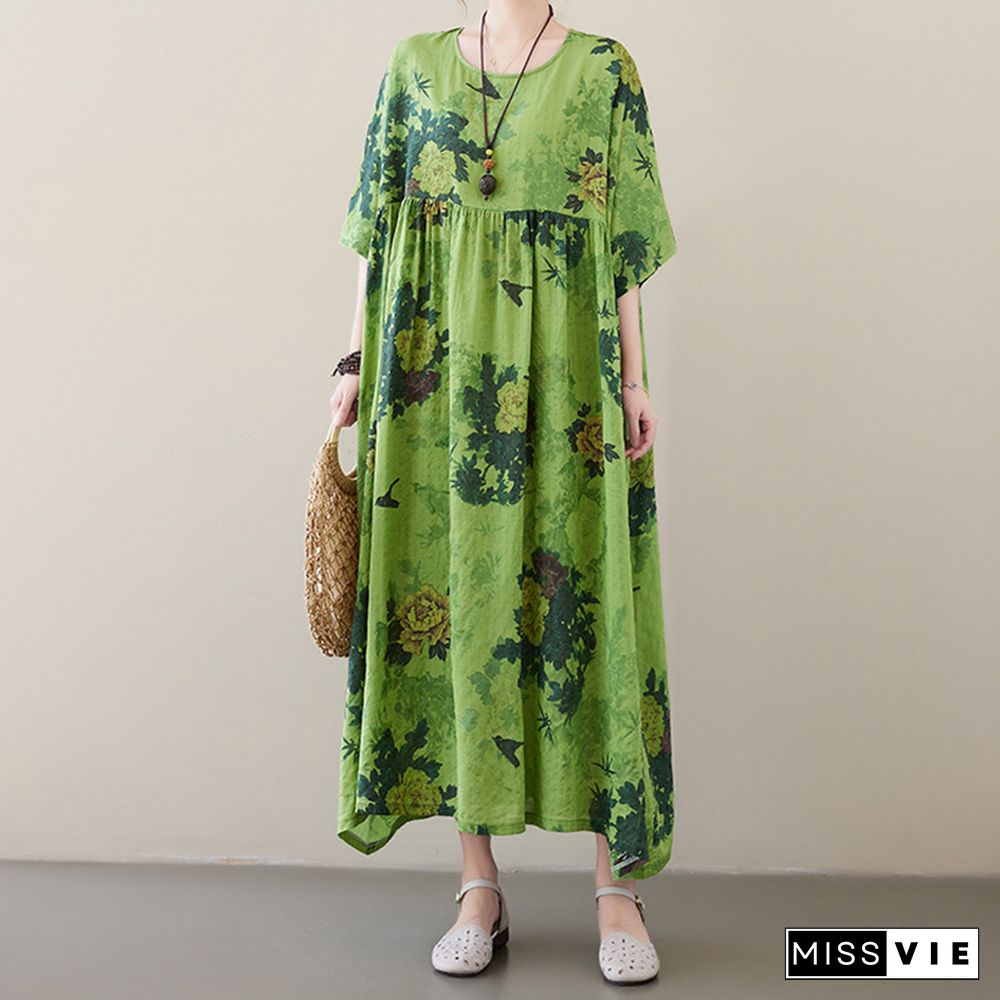 Vintage Floral Print Pocket Loose Linen Dress