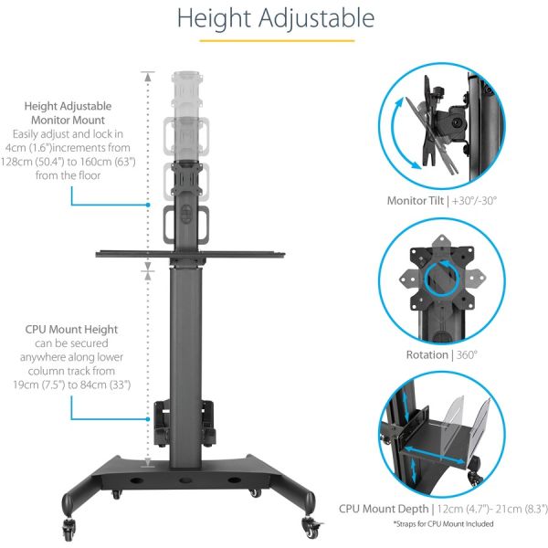 StarTech.com Mobile Standing Workstation with Monitor Mount， CPU/PC Holder， Height Adjustable Desktop Computer Cart， Standing Workstation