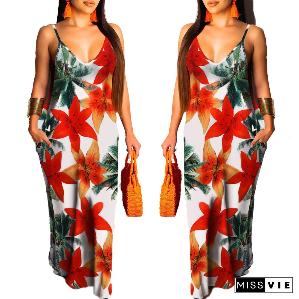 Summer Outfits Fashion Print Sleeveless Strap V-neck With Pocket Beach Clubwear Loose Long Dresses