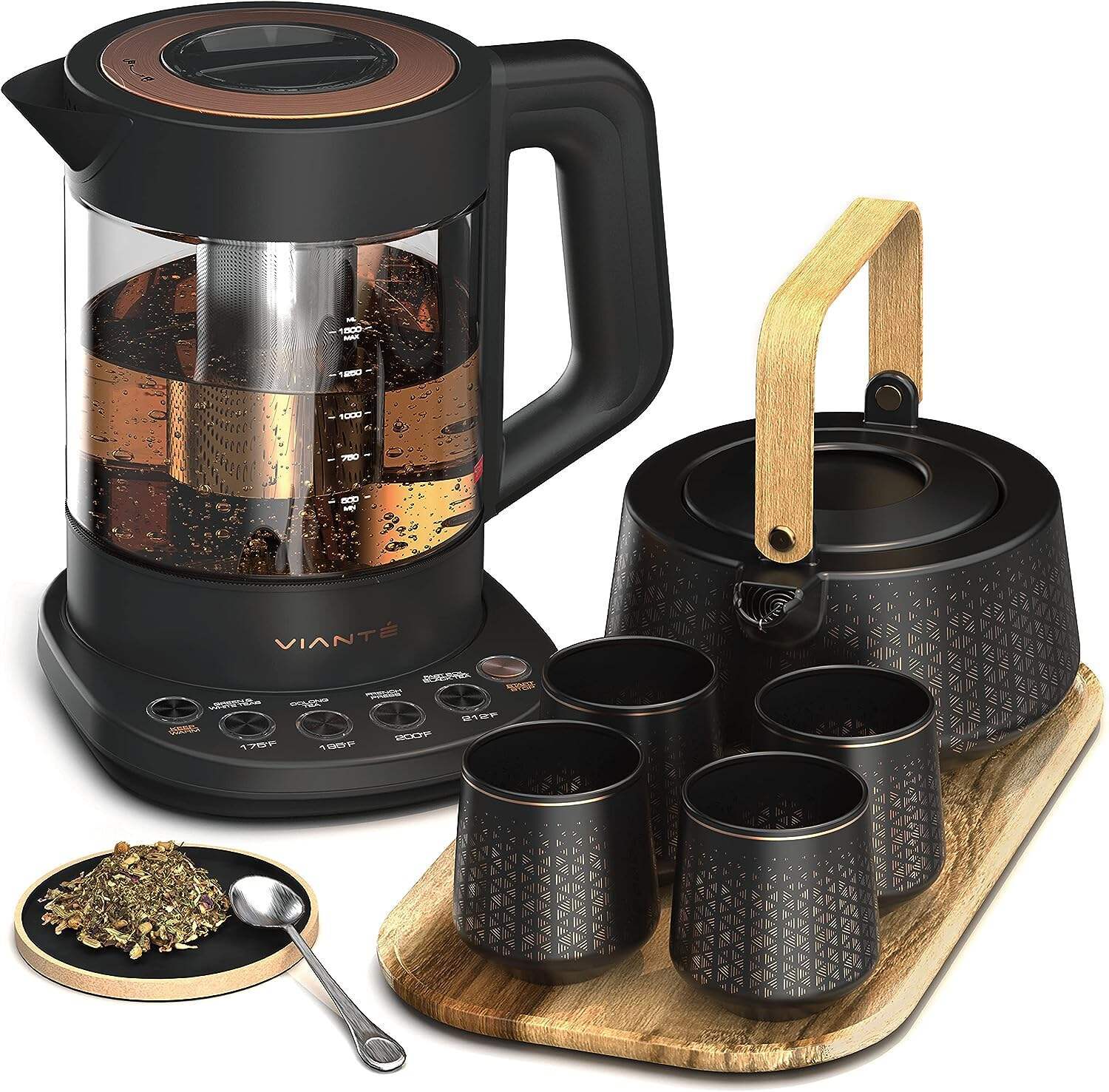 Vianté Hot Tea Maker Electric Glass Kettle with tea infuser and temperature control. Automatic Shut off. Brewing Programs for your favorite teas and Coffee.