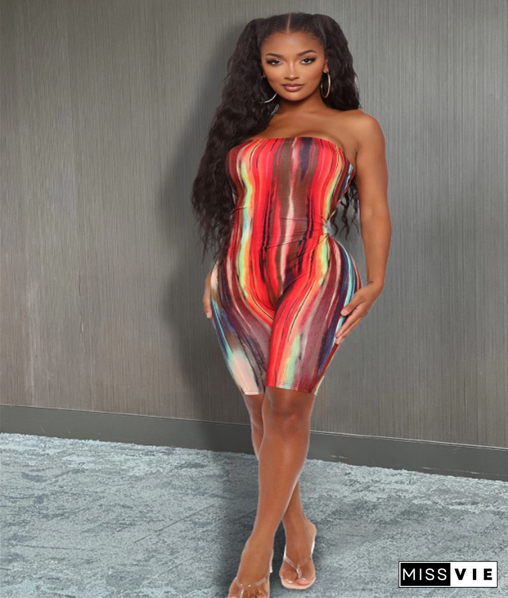 Summer Hot Sales Multicolor Striped Print Chest Wrapped Middle Waist Straight Strapless Slim Tube Rompers