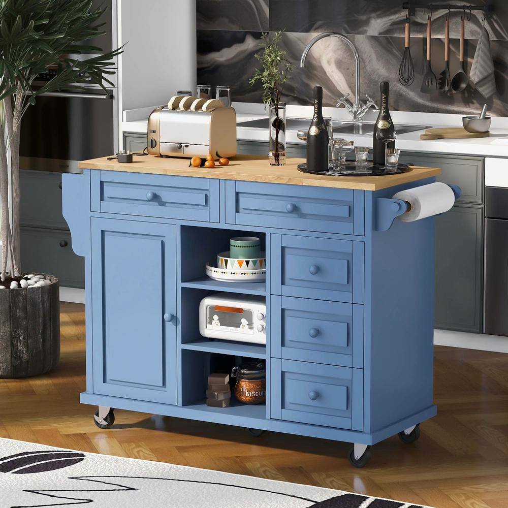 Blue Rubber Wood Desktop 53 in. W Kitchen Island on 5-Wheels with Storage and 5-Drawers MMuunea-01