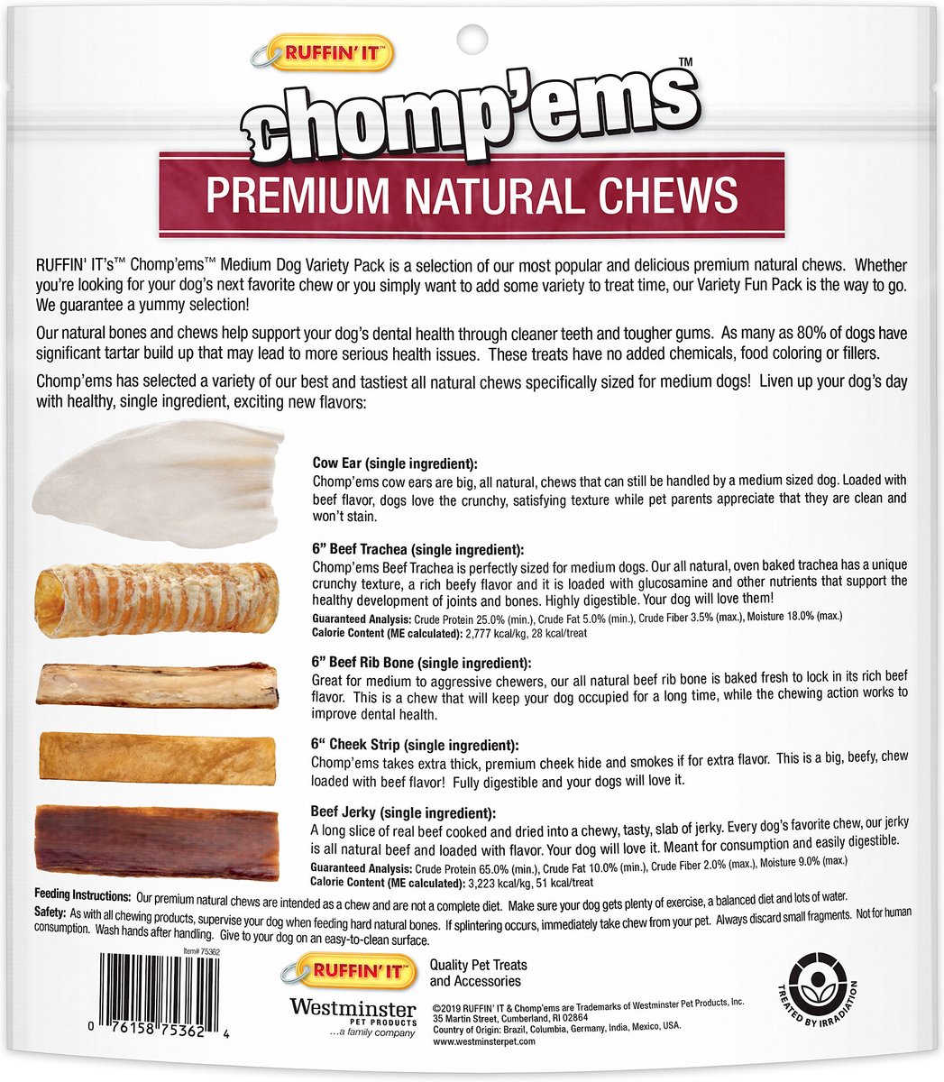 RUFFIN' IT Chomp'ems Premium Natural Chews Variety Pack Medium Dog Bone Treats， 6 count