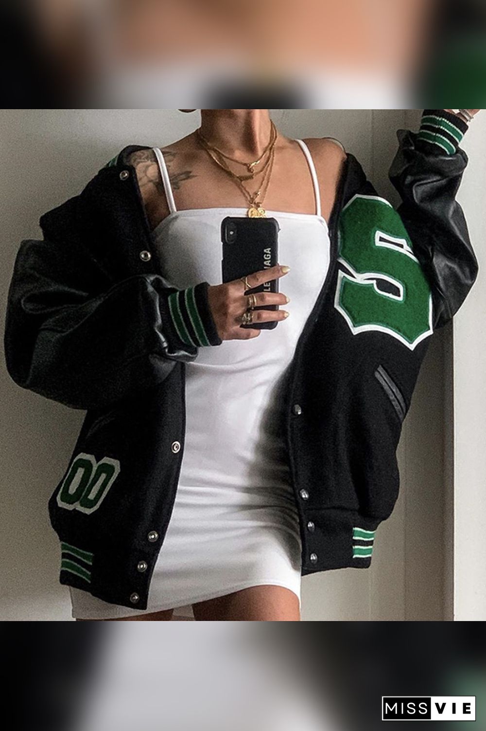 Letter Patchwork Open Button Baseball Jacket