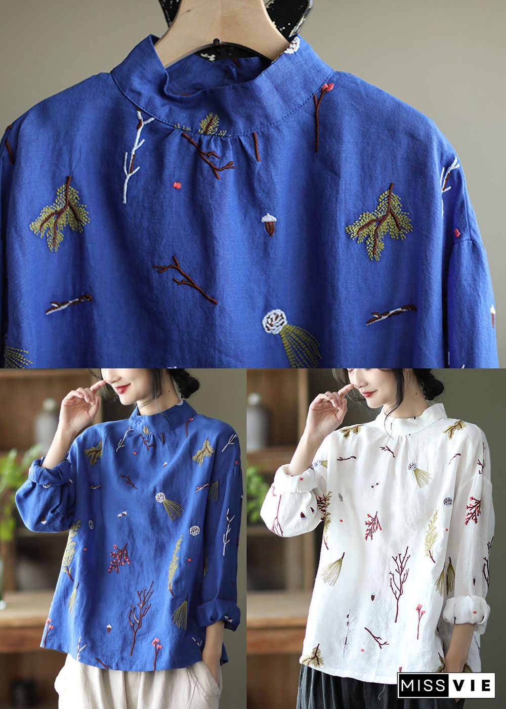 Stylish Blue Embroideried retro Linen Blouse Tops Spring