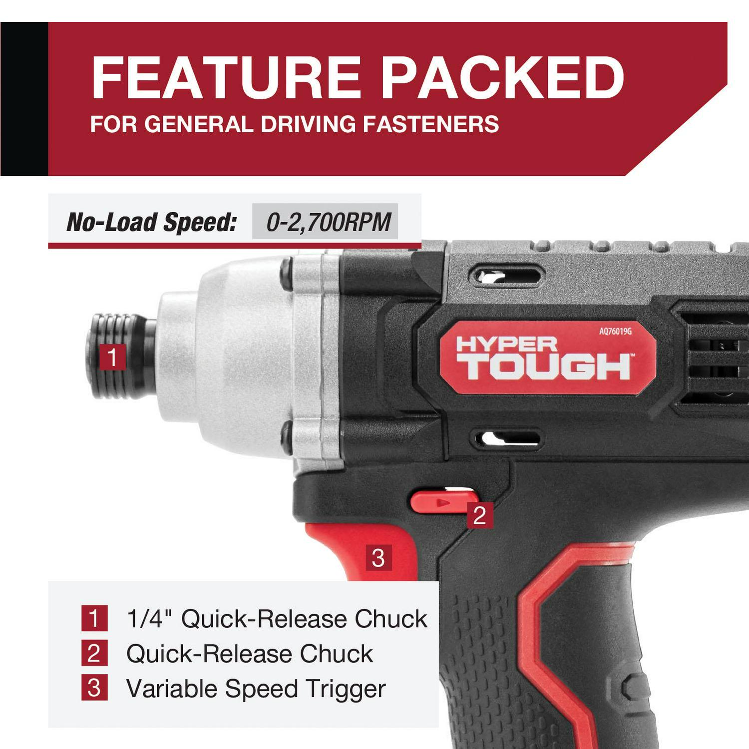 Hyper Tough 20V Max (2-Tool Set) 3/8 inch Cordless Drill and 1/4 inch Impact Driver Combo Kit with 1.5Ah Lithium-ion Battery， Charger， Bit Holders and LED Lights