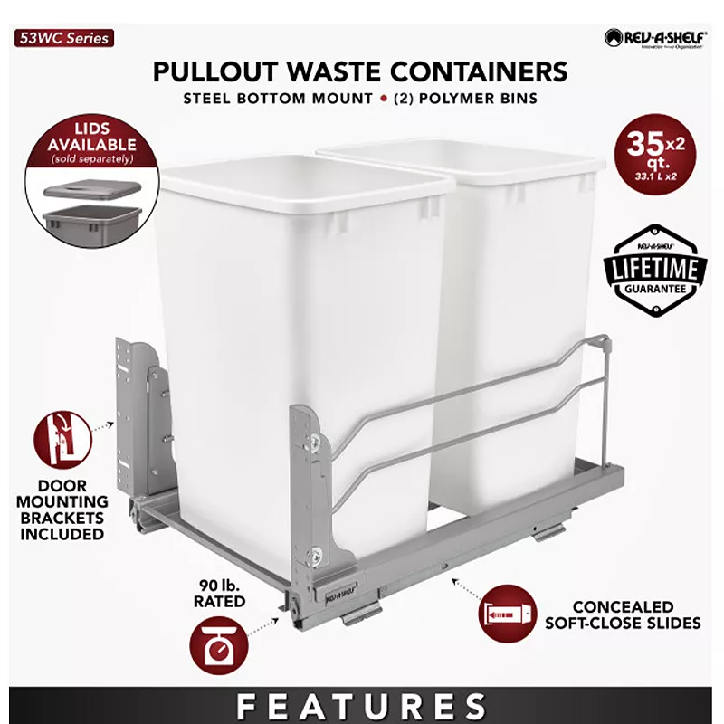 Rev-A-Shelf Double Pull Out Trash Can 35 Qt with Soft-Close， 53WC-1835SCDM-211