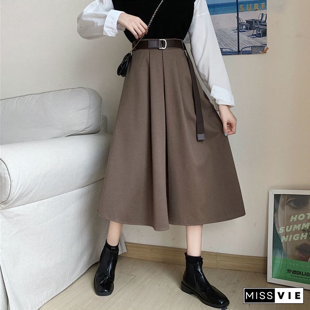 Solid Skirts Women Mid-calf High Waist Friends Korean Style Elegant College Spring Autumn All-match Jupe Mujer Faldas Female Ins