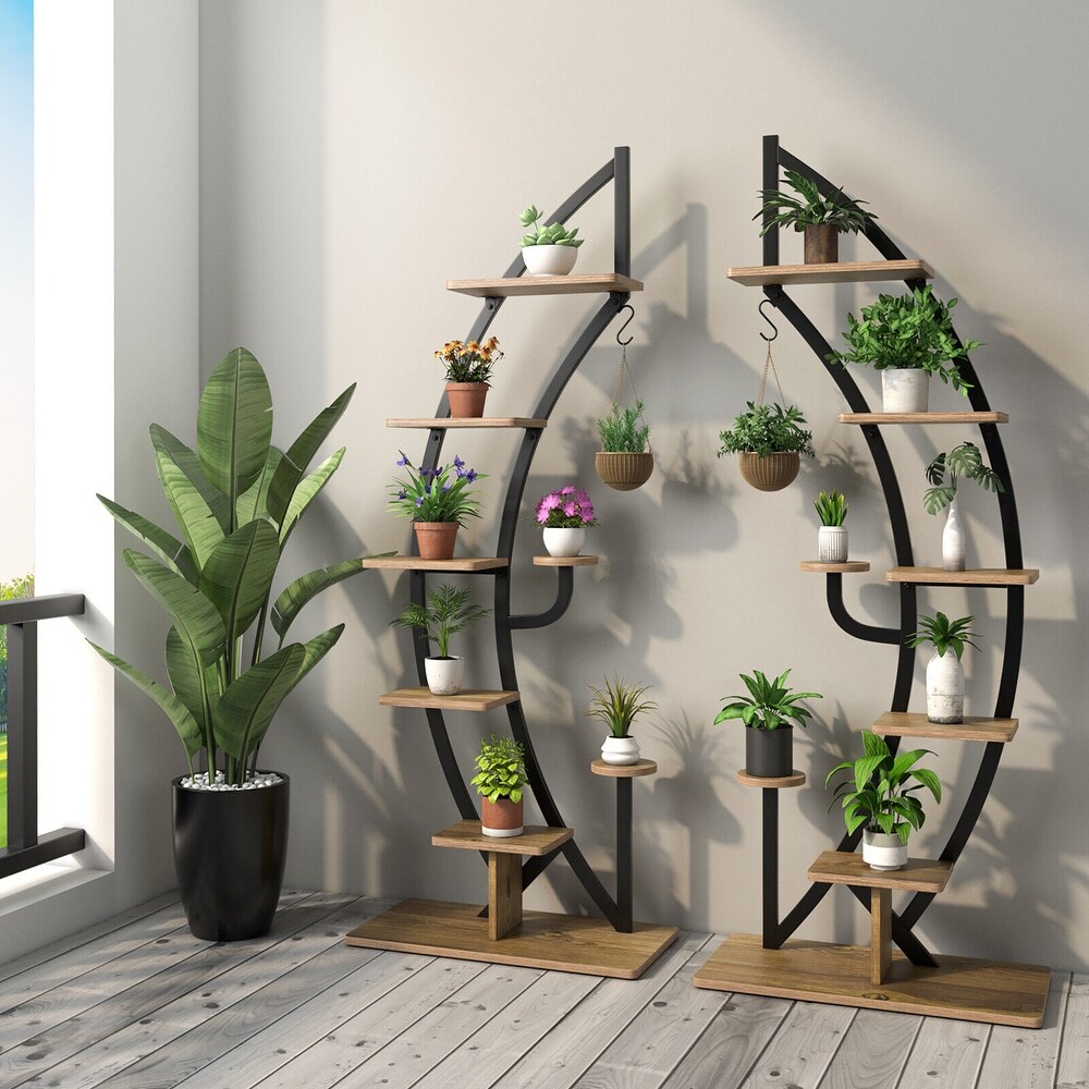 Gymax 2 PCS 6 Tier 9 Potted Metal Plant Stand Curved Stand Holder