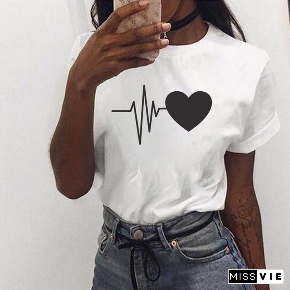 Summer Cotton Casual Love Women's T-shirt Printing Harajuku Fashion Solid Short Sleeve T-shirt Women's Shirt and T-shirt