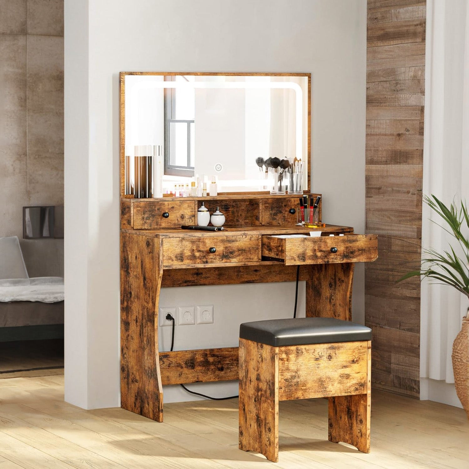 Vanity Desk Set Makeup Vanity with Power Outlet, LED Mirror, Storage Stool