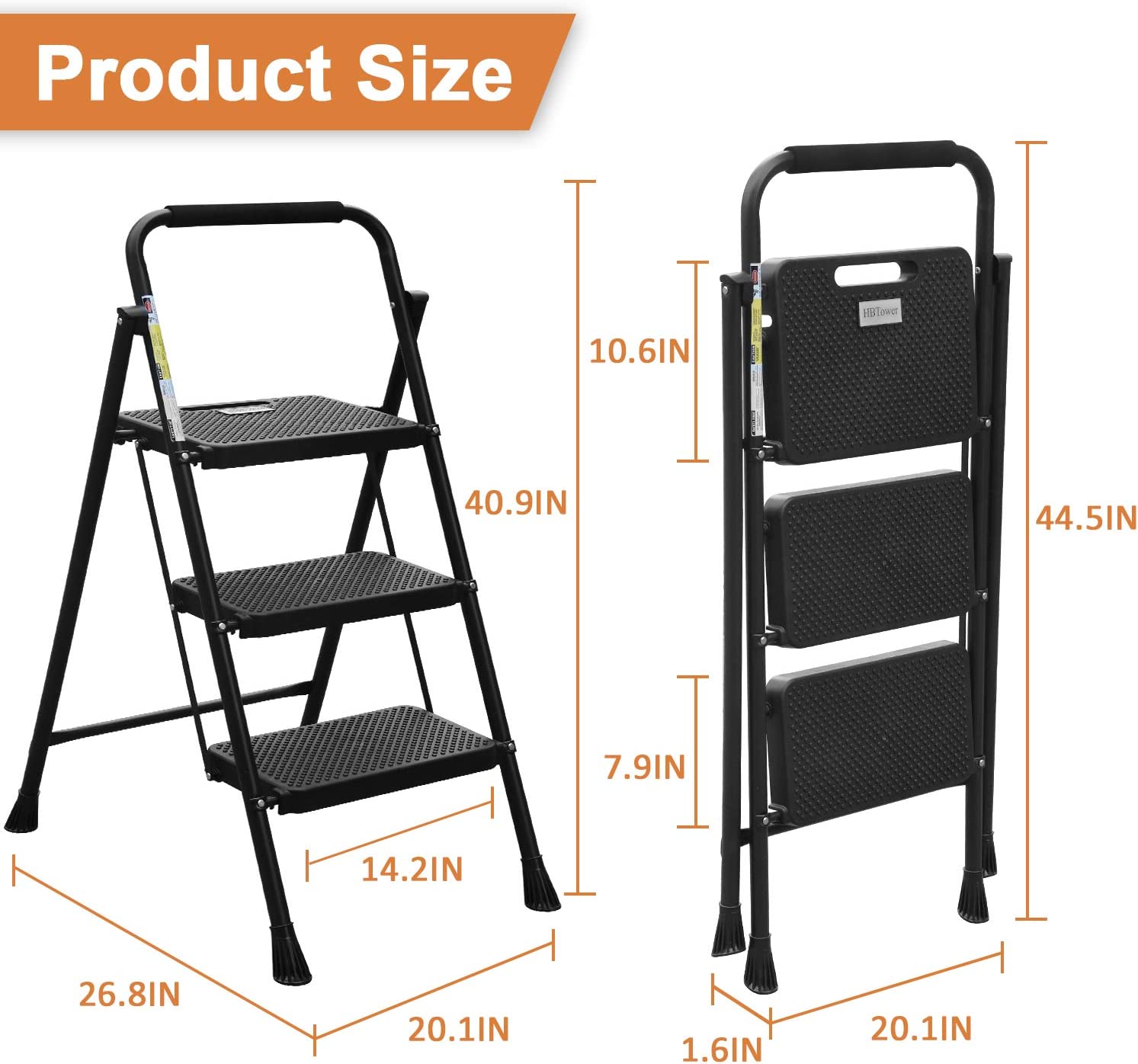 4 Step Ladder, HBTower Folding Step Stool with Tool Platform, Wide Anti-Slip Pedal, Sturdy Steel Ladder, Convenient Handgrip, Lightweight 330lbs Portable Steel Step Stool, Black