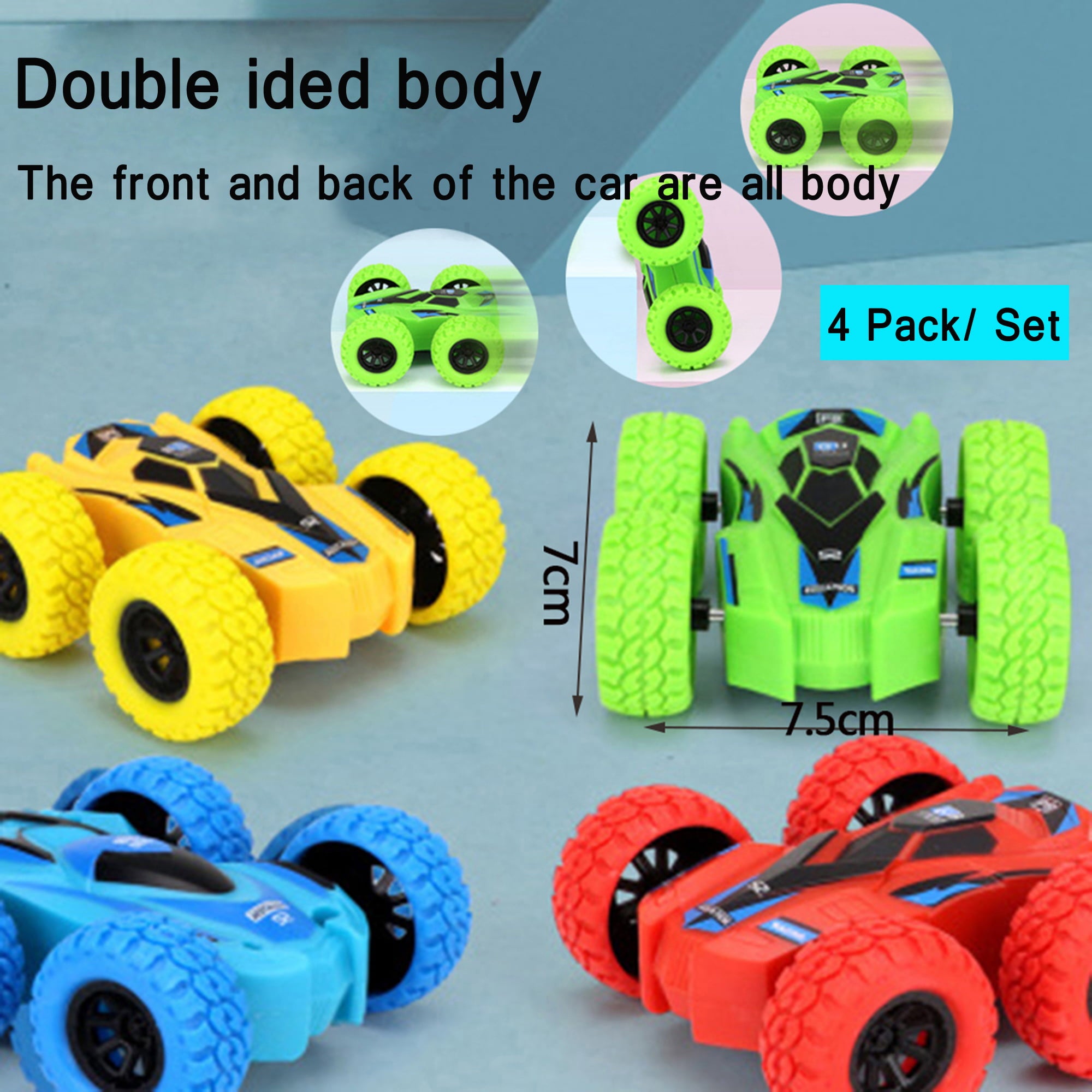 SAYFUT Set of 4 Double-sided Stunt Flip Inertia Car， Push and Go Toy Cars for Toddlers， Powered Pull Back Toys Vehicle 360 Rotation and Flips Off Road Novelty Car Toys Gifts