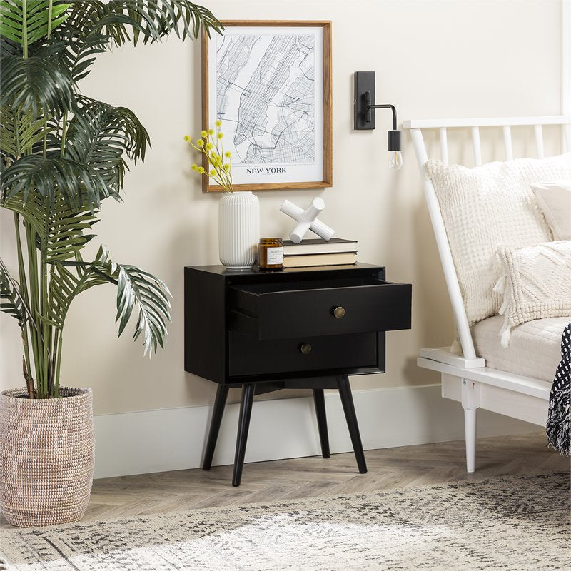 Mid Century Modern 2-Drawer Bedroom Nightstand in Black