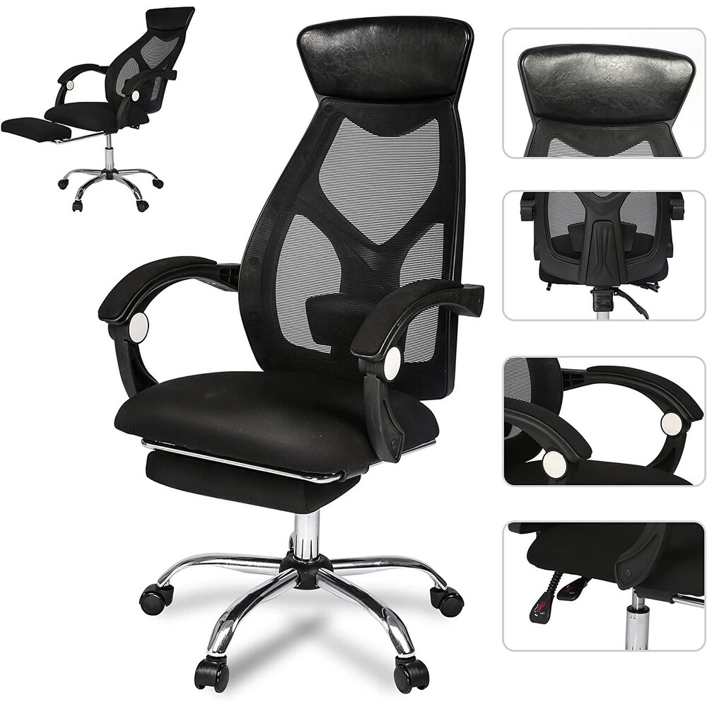 Ergonomic Office Desk Chair Mesh High Back Leather Headrest Adjustable Lumbar Support Recliner  Black   26\