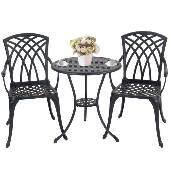 3 Piece Cast Aluminum Outdoor Patio Furniture Bistro Table Set with Umbrella Hole for Patio Balcony