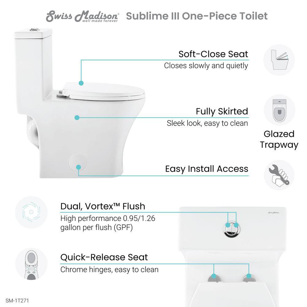 Swiss Madison Sublime III 1-piece 0.951.26 GPF Dual Flush Round Toilet in White Seat Included SM-1T271