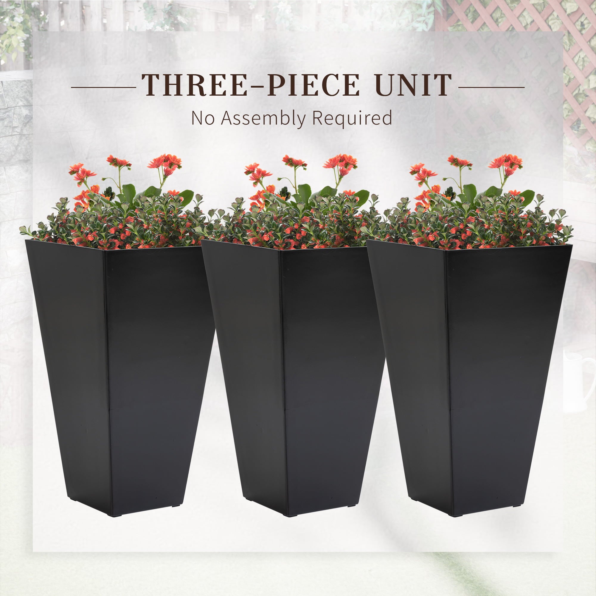 Outsunny 28" Tall Plastic Planters, 3-Pack, Large Taper Outdoor & Indoor Plastic Garden Flower Pots, for Entryway, Patio, Yard, Black