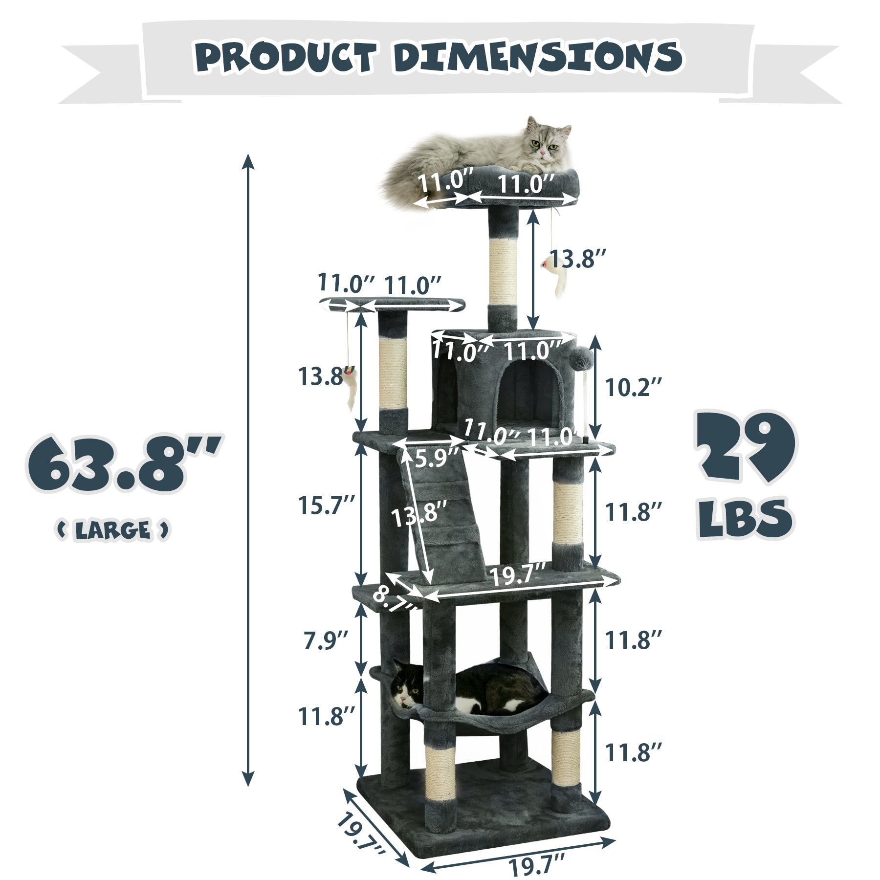 MWPO 63.8-in Cat Tree for Large Cat Tower with Condo and Scratching Post,Dark Gray