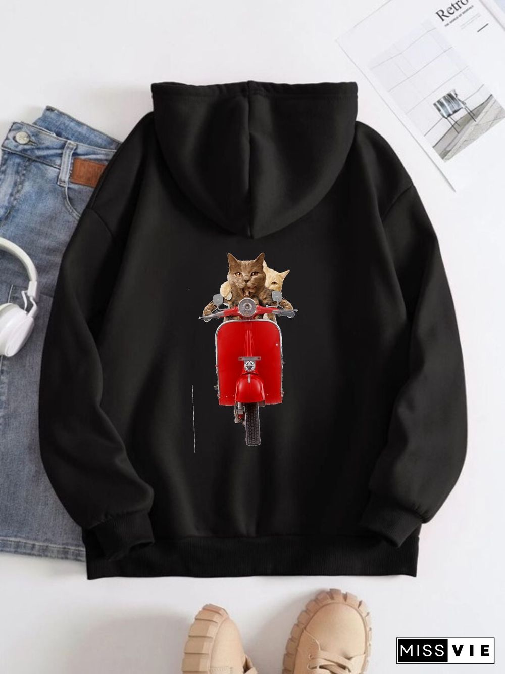 Printed on the Back Kangaroo Pocket Hoodie Long Sleeve for Women Pattern  Cat Riding a Motorcycle