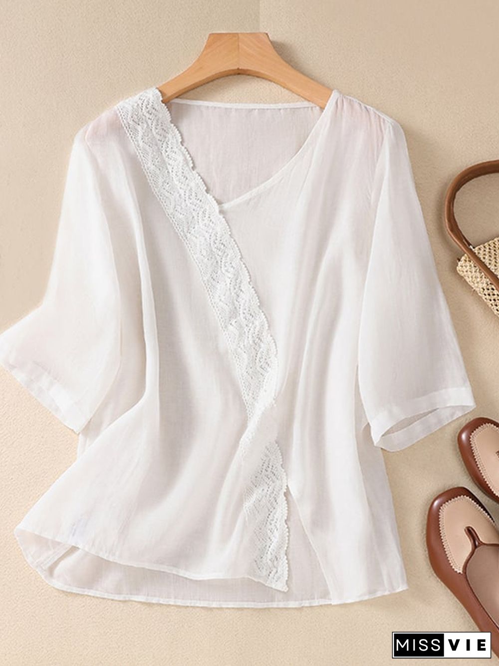 Fashion Lace V-Neck Cotton Linen Shirt