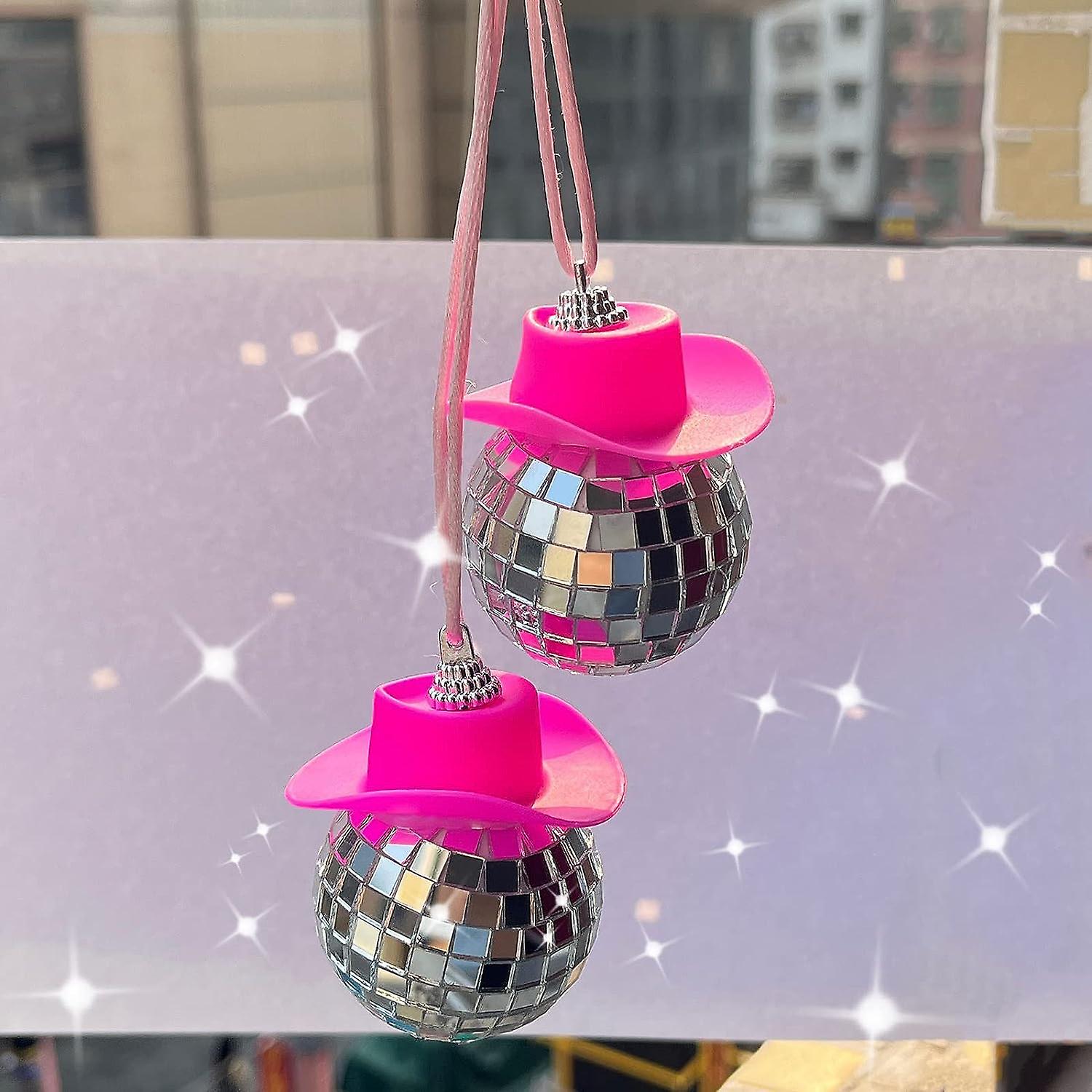 2 Pcs Pink Disco Ball Cowboy Hat Car Accessory， Disco Ball Car Accessory， Car Disco Ball， Disco Car Charm， Pink Car Accessories， Mini Disco Ball For C