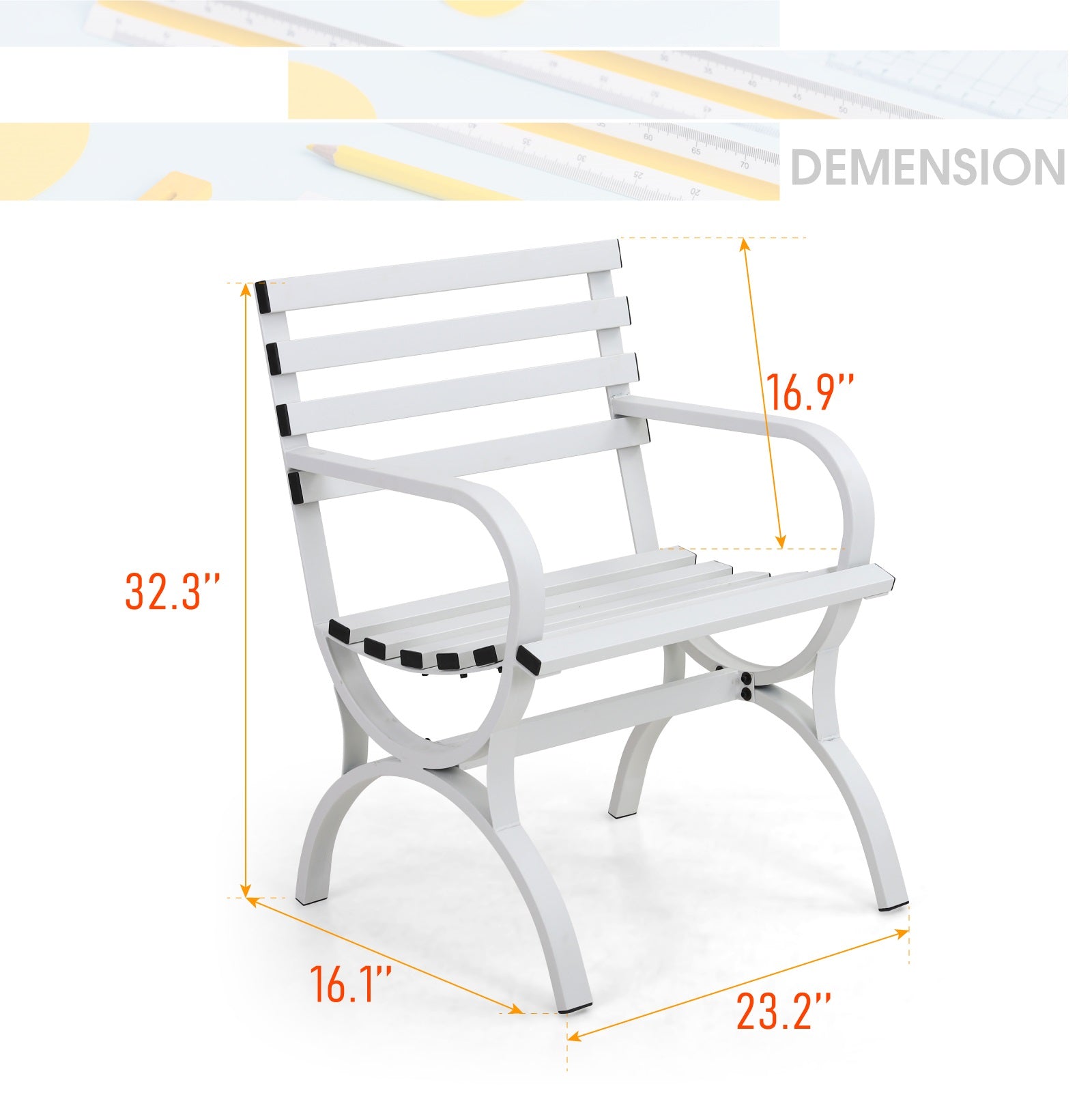 MF Studio Garden Bench Metal Garden Bench Slat Single Chair with Backrest and Armrests for Outdoor, Porch, Patio-White