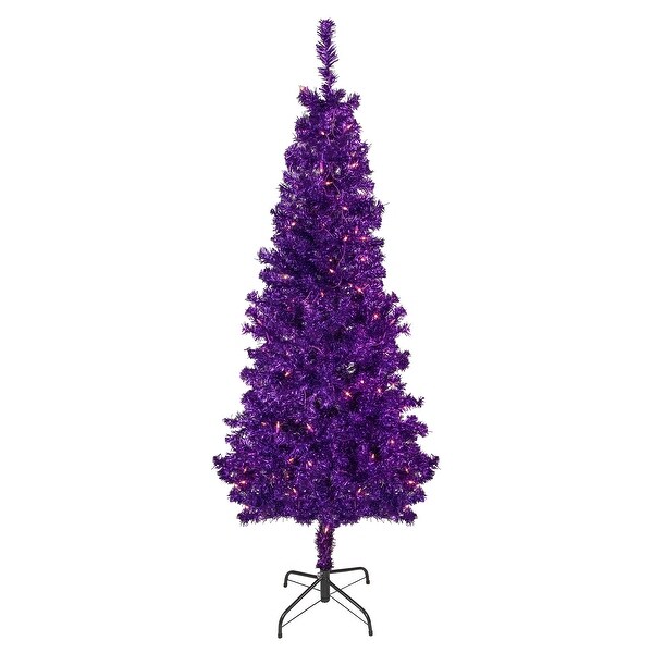 6' PreLit Purple Artificial Tinsel Christmas Tree，Clear Lights