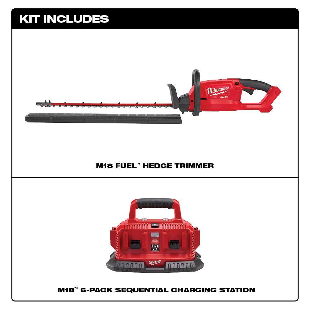 MW M18 FUEL 18V Lithium-Ion Brushless Cordless Hedge Trimmer with M18 6-Port Sequential Battery Charger 2726-20-48-59-1806