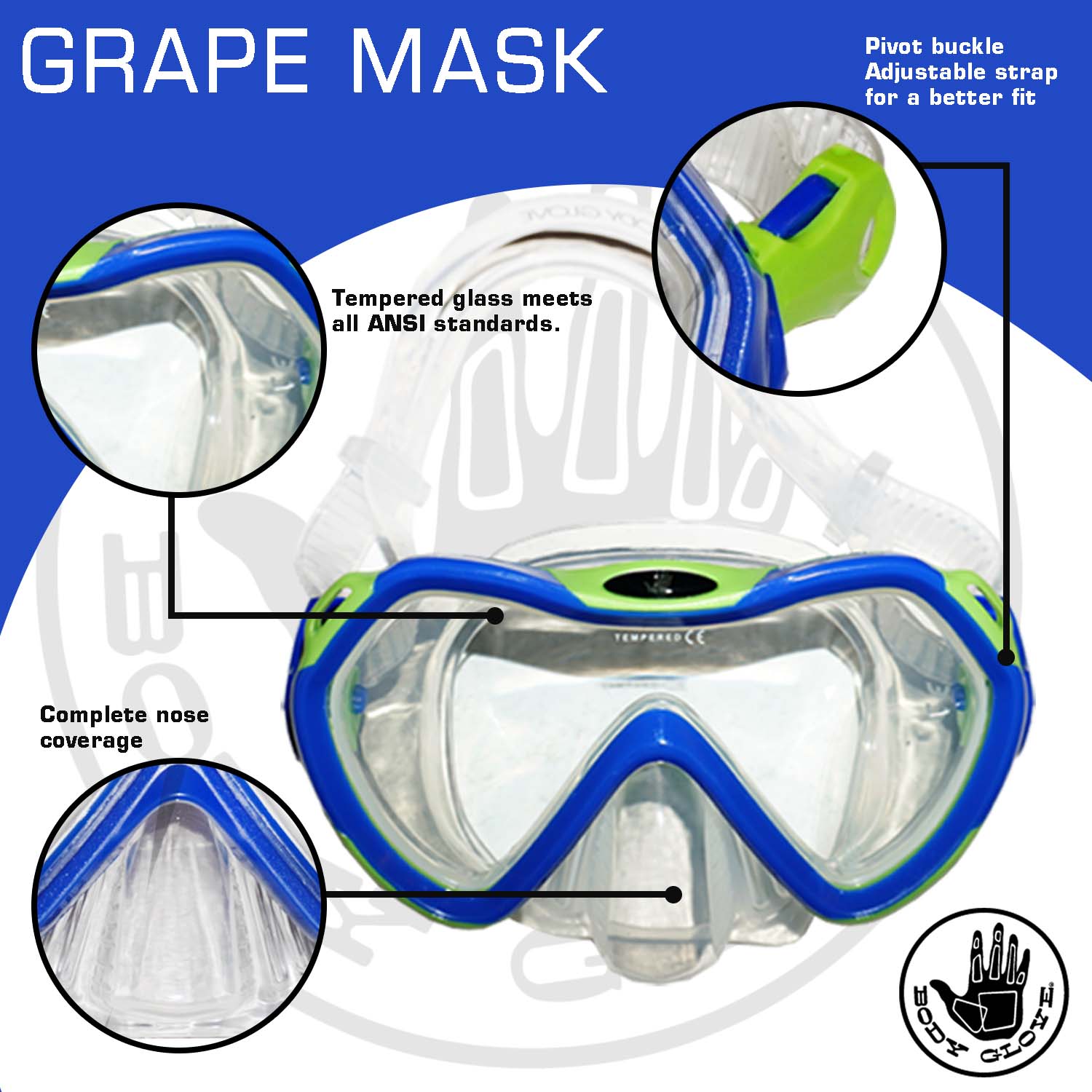 Body Glove Grape Mask Fins and Snorkel Set for Snorkeling， Diving， and Swimming-Tempered Glass-Silicone-Flex Tube-Snorkel Dry top-Splash Guard-Travel Bag