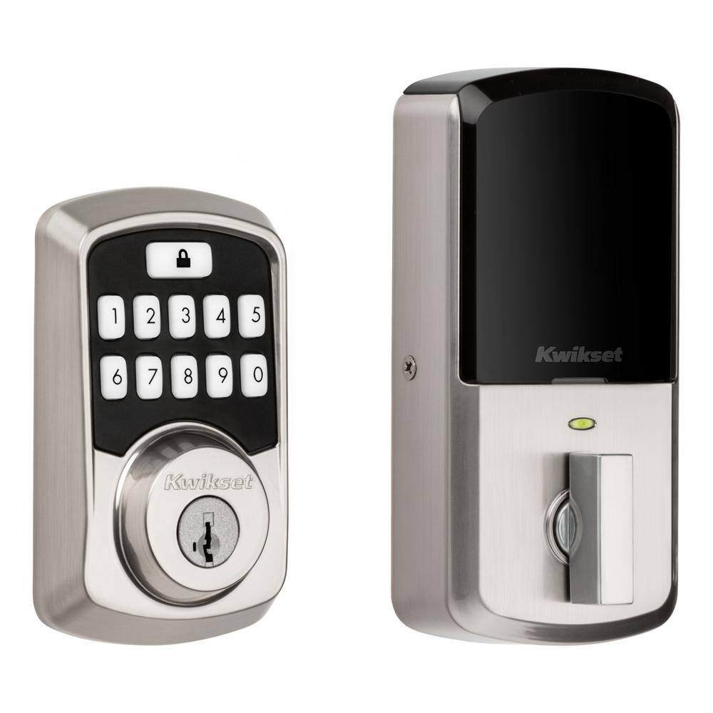 Kwikset Aura Satin Nickel Single Cyl. Elec. BT Keypad Smart Lock Deadbolt Feat SmartKey SecurityAvalon Handle and Tustin Lever 94215 AVH15