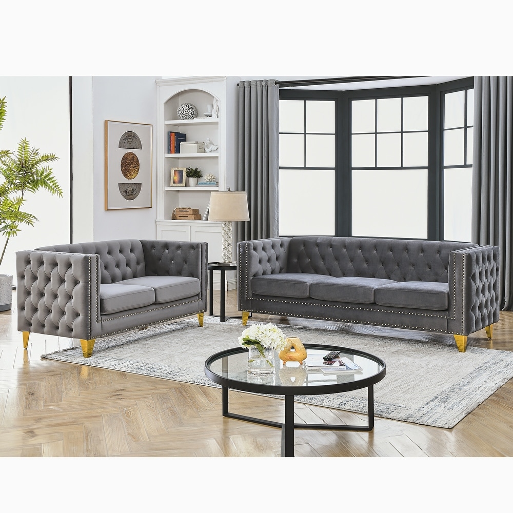 Classic Velvet Chesterfield Sofa Set with Nailhead Trim and Buttons Tufted Backrest  Solid Wood Frame  3 Seater Sofa + Loveseat