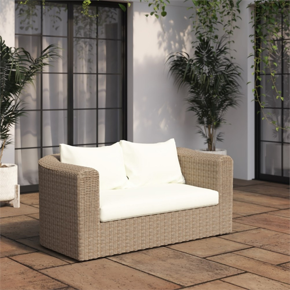 TK Classics Outdoor Patio 2 Seater Loveseat in Almond Wicker with White Cushion   Tropical   Outdoor Loveseats   by Homesquare  Houzz