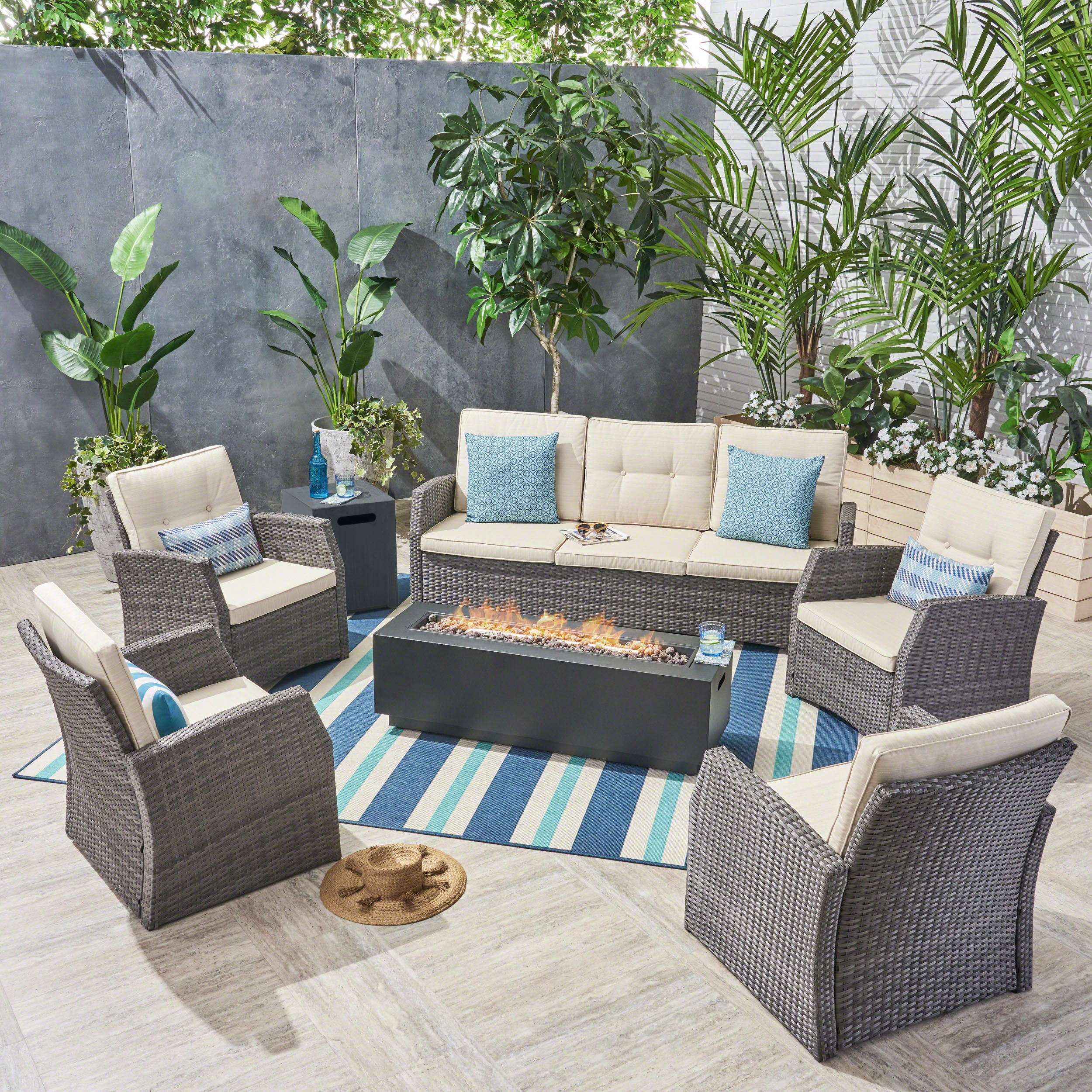 Jake Outdoor 7 Seater Wicker Chat Set with an Iron Fire Pit, Gray and Dark Gray