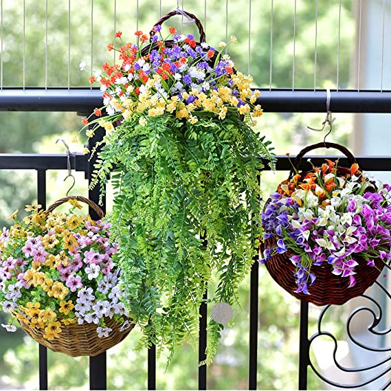 Egebert Hanging Planter Basket Handmade Woven Wall Hanging Flower Pot Wicker Weaving Flower Pot Rattan Vase Half Round Rattan Railing Planter for Indoor Outdoor Home Garden Decor Pot Plants Flowers