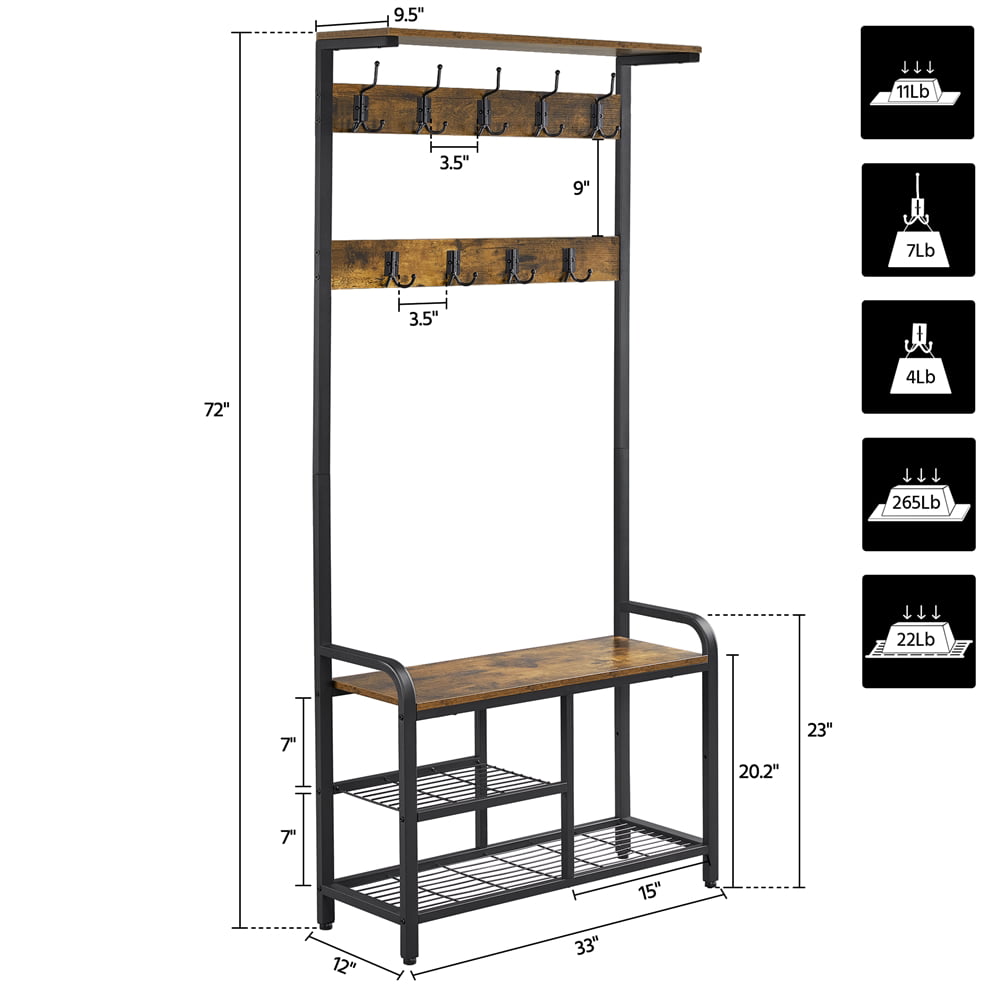 Alden Design 72”H Entryway Hall Tree with Bench and Shoe Storage， Rustic Brown