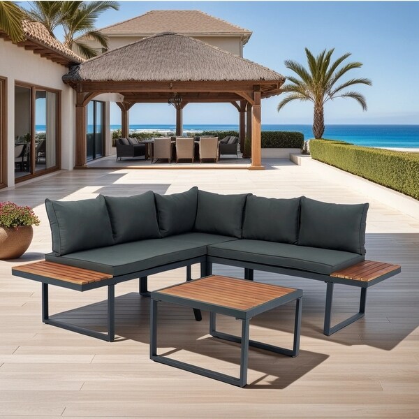 4 Piece LShaped Patio Wicker Outdoor 5Seater Sectional Sofa Seating Group Conversation Sets with Side Table