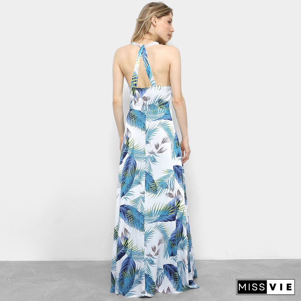 Sphaghetti Strap Leaf Print V Neck Long Beach Dress