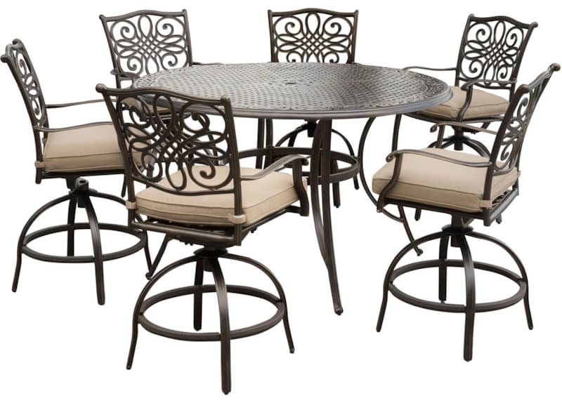 Hanover Traditions 7-Piece Outdoor Dining Set In Tan/Cast With 6 Counter Height Chair， 56 Round Cast Table