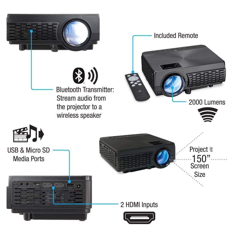 GPX 800 x 480 Mini Projector with Bluetooth and 2000 Lumens PJ300B