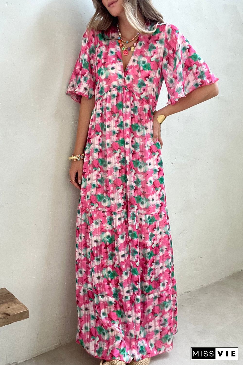 Pink Wide Sleeves Floral Print Maxi Dress