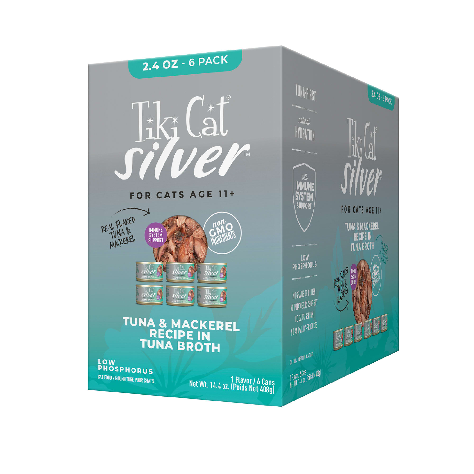 Tiki Cat Silver Tuna  Mackerel Recipe in Tuna Broth Senior Wet Cat Food Multipack， 2.4 oz. Count of 6