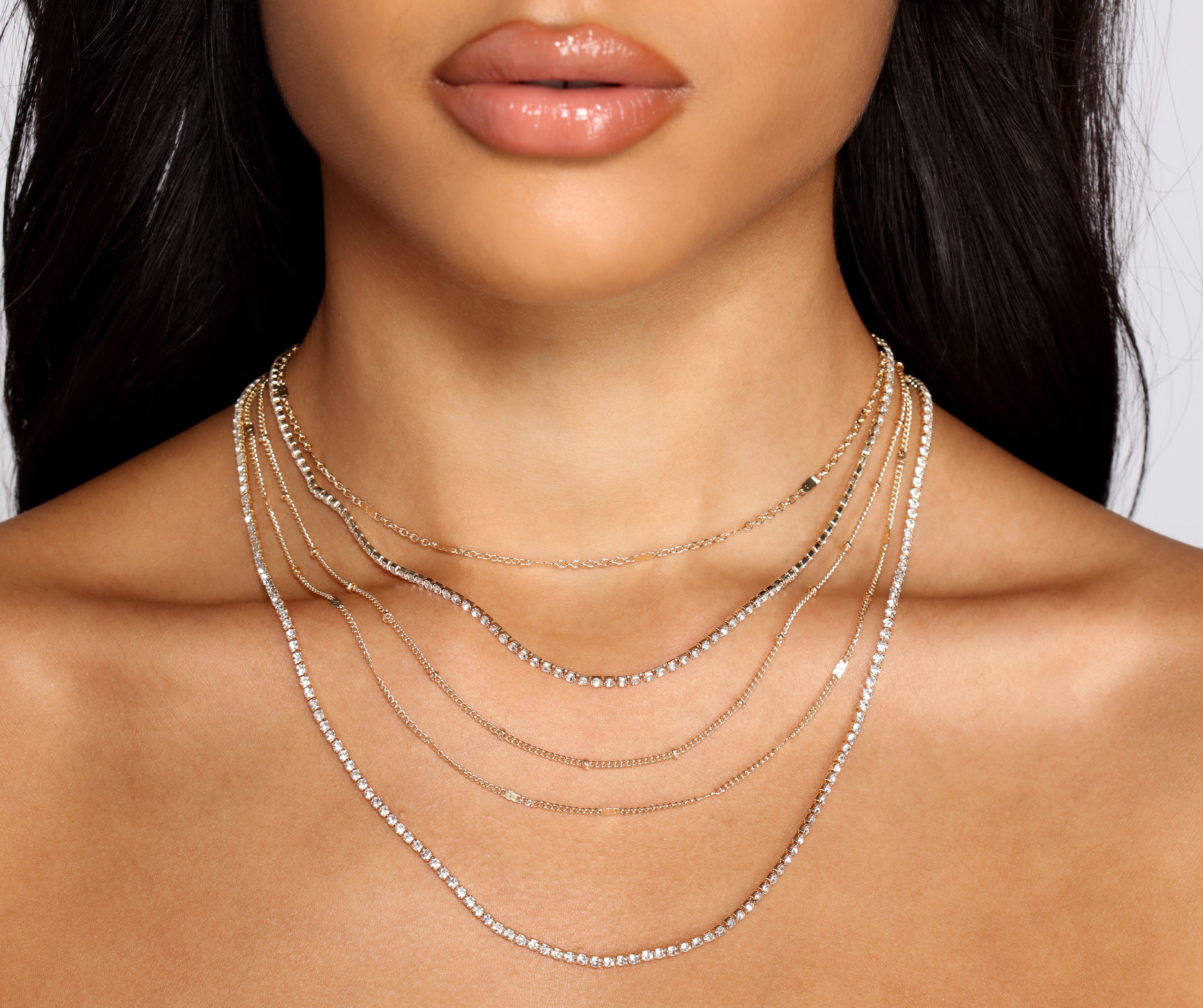 Dainty Layers Rhinestone Chainlink Necklace Set